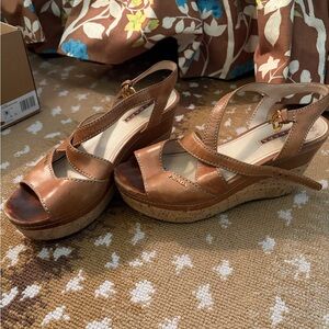 Prada Cognac Leather Cork Platform Wedge Sandals